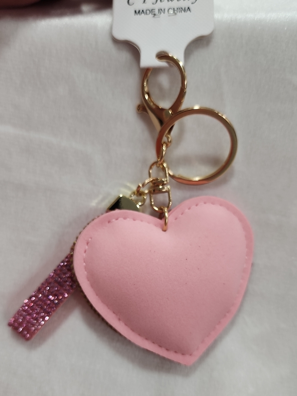 CY Jewelry Stuffed Pink Heart Keychain Bag Charm. Front Has Pink/Clear Crystals. - Picture 4 of 4